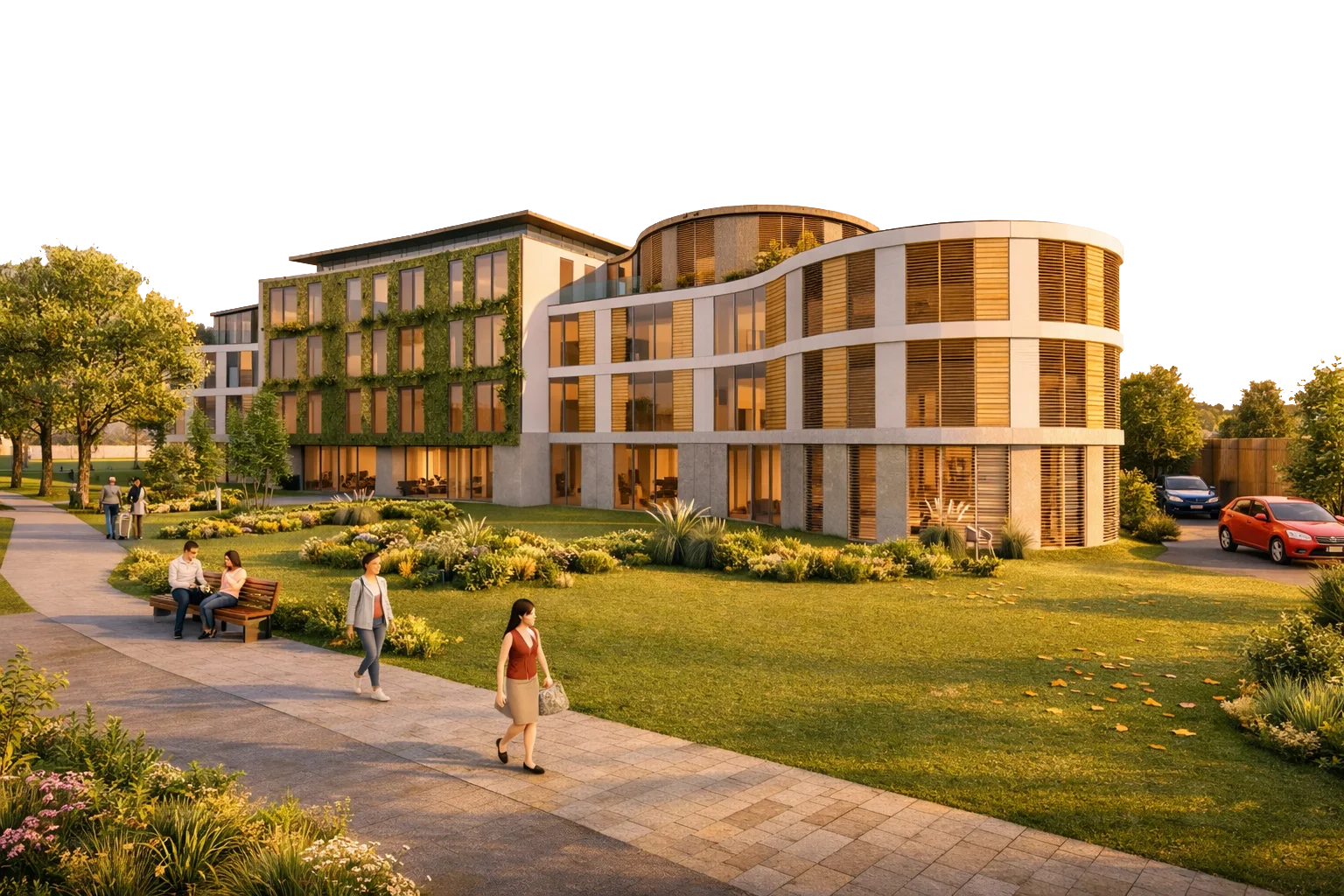 Quartier in der Vogelperspektive bei Abendlicht